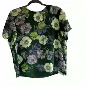 Judith Hart Women's Blouse, Size 16, Green and Puple Floral Shirt, Short Sleeve